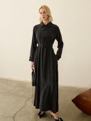 Emosh Britli Düğmeli Kemerli Elbise SİYAH