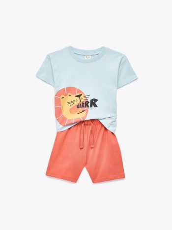 Men's Baby Lion Print Short Sleeve Crew Neck T-Shirt and Shorts Set - 2-Piece Outfit
