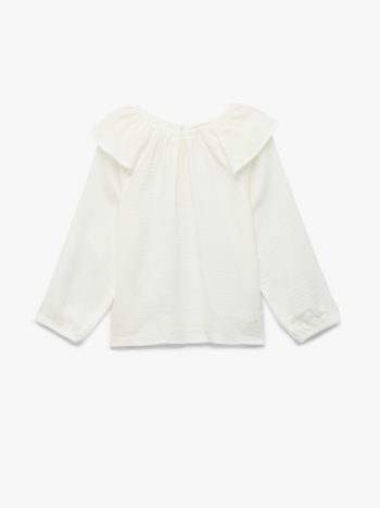 Girl's Long Sleeve Ruffle Detail Boat Neck Cotton Blouse