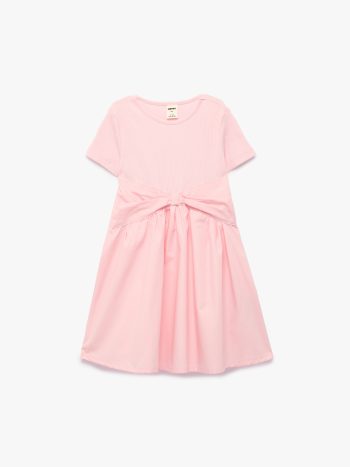 Girls' Short Sleeve Cotton Jersey Scoop Neck Bow Detail Dress
