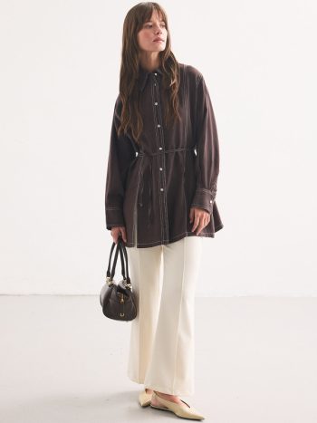 Gardenia Double-Stitch Detail Coffee Shirt