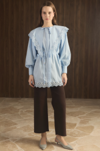 Wide Collar Lace Dacron Shirt - Baby Blue