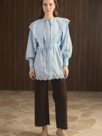 Wide Collar Lace Dacron Shirt - Baby Blue