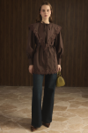Wide Collar Lace Dacron Shirt - Brown