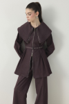 Wide Collar Belted Pantsuit - Burgundy