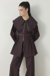 Wide Collar Belted Pantsuit - Burgundy