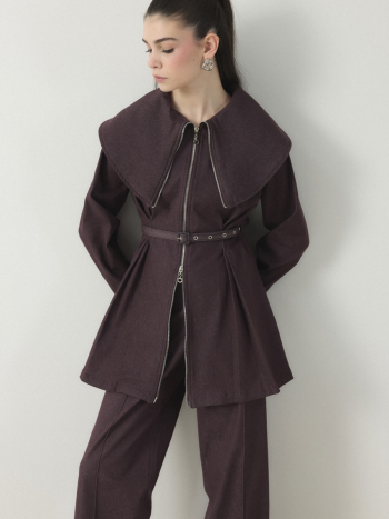 Wide Collar Belted Pantsuit - Burgundy