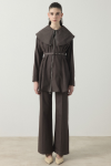 Wide Collar Belted Pantsuit - Coffee