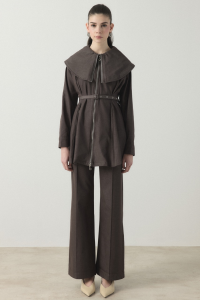 Wide Collar Belted Pantsuit - Coffee