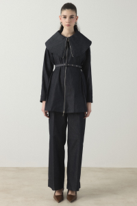 Wide Collar Belted Pantsuit - Navy Blue