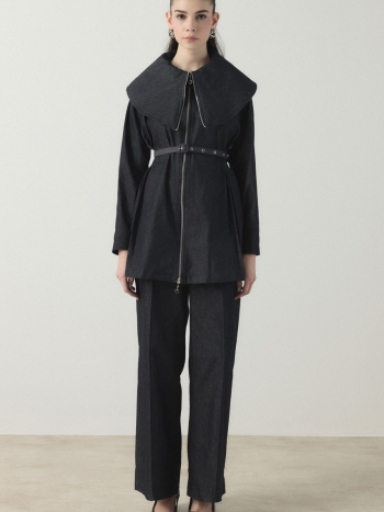 Wide Collar Belted Pantsuit - Navy Blue