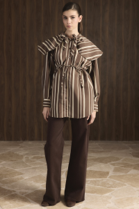 Wide Collar Striped Shirt - Brown