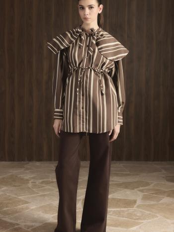 Wide Collar Striped Shirt - Brown