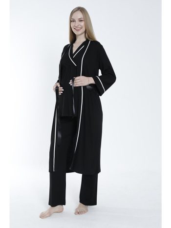 Black Striped Detail Maternity and Nursing Pajama Set with Robe