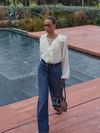 Sparkly Baggy Straight Fit Denim Jeans in Navy Blue