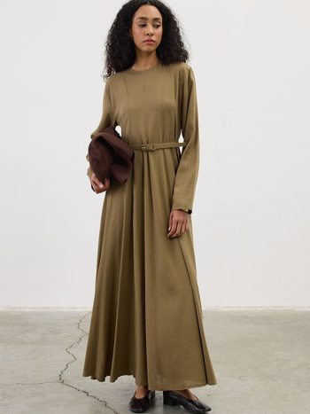 Kemerli Keten Elbise Haki