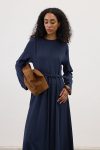 Kemerli Keten Elbise Lacivert