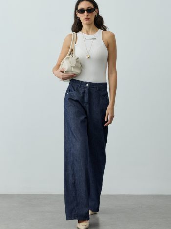 Navy Blue Denim Pants with Side Slit Detail