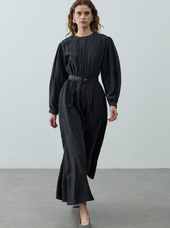 Black Pleated Belted Dress with Sheen