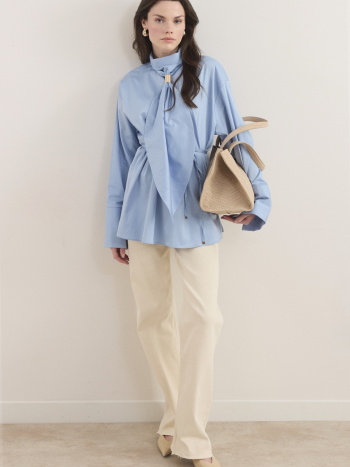 قميص قطني ساتان بتفاصيل ربطة العنق - أزرق طفولي