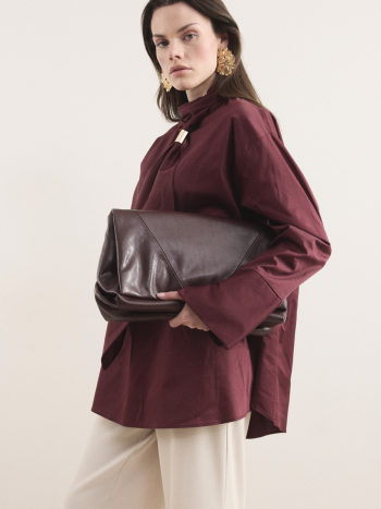 قميص قطن ساتان بتفصيلة ربطة عنق - لون كستنائي