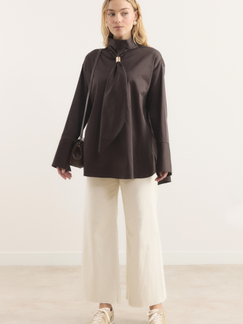 Cotton Satin Shirt with Tie Detail - Coffee