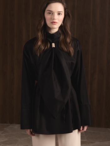 Cotton Satin Shirt with Tie Detail - Black