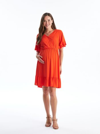 Orange Cross Collar Plain Short Sleeve Maternity Dress