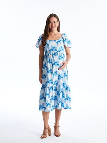 Maternity Navy Blue U-Neck Patterned Short Sleeve Dress