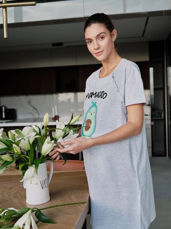 Grey Scoop Neck Printed Maternity Nightgown