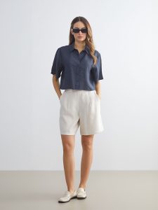 Gray Elastic Waist Women's Pleated Shorts