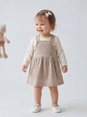 Brown Embroidered Girl Baby Overalls Dress and T-Shirt Set