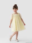 Yellow Square Neck Daisy Print Girls' Tulle Dress