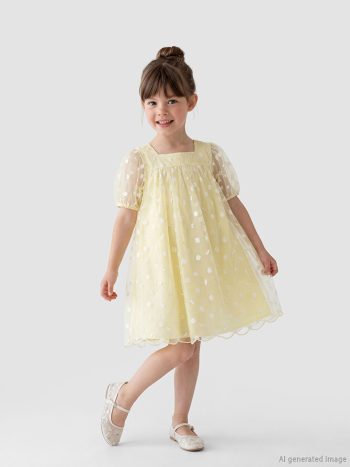 Yellow Square Neck Daisy Print Girls' Tulle Dress