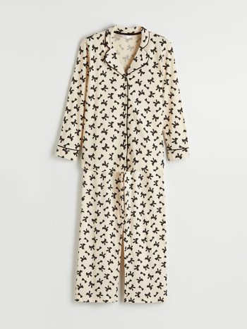 Beige Shirt Collar Bow Print Maternity Pajama Set