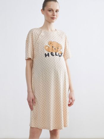 Beige Bicycle Neck Polka Dot Maternity Nightgown