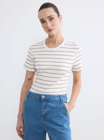 Beige Striped Women's T-Shirt with Scoop Neck