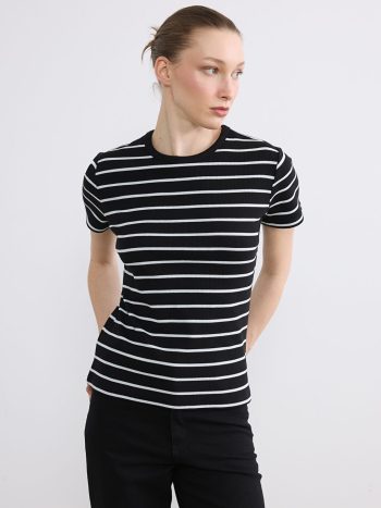 Black Striped Women's T-Shirt with Crew Neck