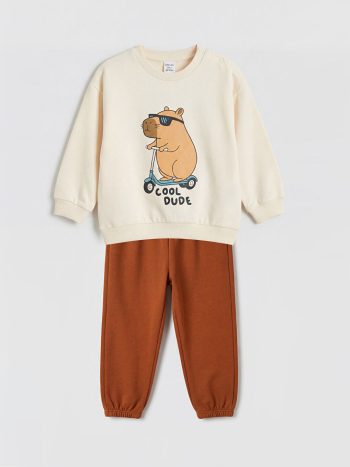 Ecru Printed Baby Boy Sweatshirt and Sweatpants Set