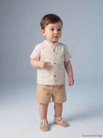 Ecru Animal Print Baby Boy Shirt and Shorts Set