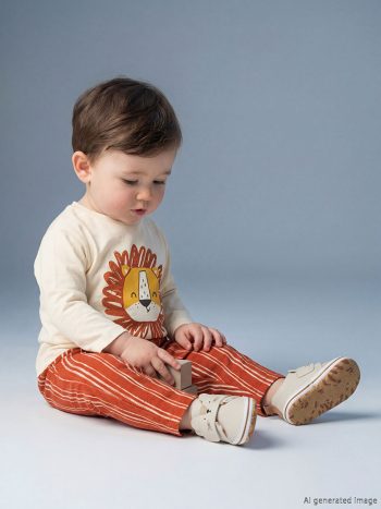 Beige Lion Print and Striped Boys' Baby Pajama Set