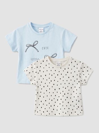 LCW baby Blue Bicycle Collar Printed Girls' Baby 2-Pack T-Shirts