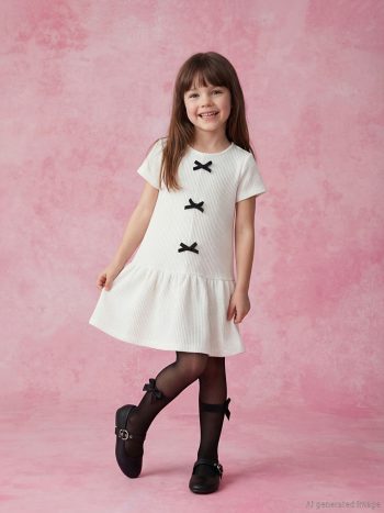 Ecru Bicycle Collar Bow Detail Girls' Dress