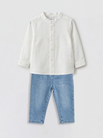 Beige Baby Boy Shirt and Jeans Set
