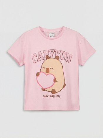 Pembe Bisiklet Yaka Capyfun Baskılı Kız Çocuk Tişört