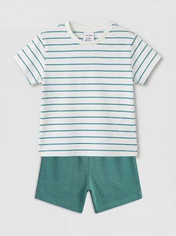 Ecru Striped Baby Boy T-Shirt and Shorts Set