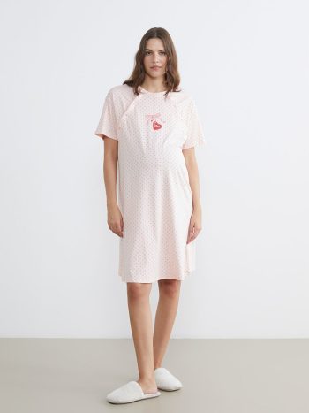 Pink V-Neck Polka Dot Maternity Nightgown