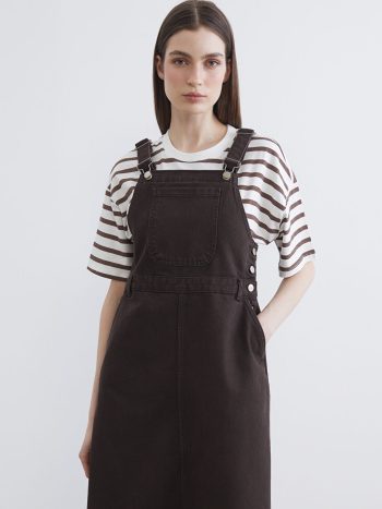 Kahverengi Kare Yaka Kadın Jean Salopet Elbise