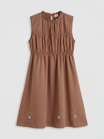 Brown Ruffled Collar Stone-Embellished Girls' Gabardine Dress
