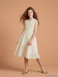 Beige Ruffled Collar Stone Embellished Girls' Gabardine Dress